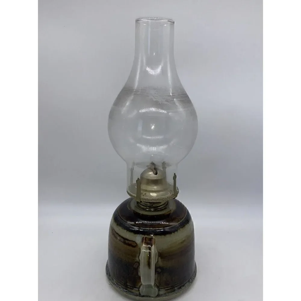 Vintage Greg Olson Signed California Handmade Stoneware Oil Lamp with Chimney
